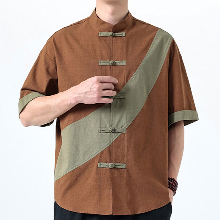 Buddha Stones Spring Color Contrast Chinese Frog-Button Design Men's Half Sleeve Cotton Linen Shirt - image 21
