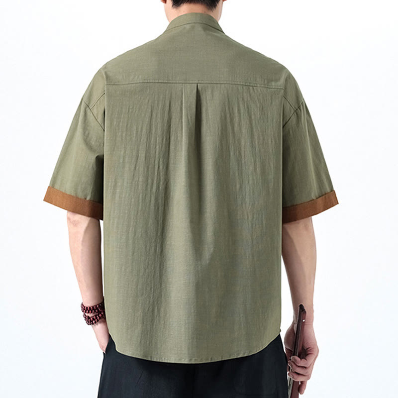 Buddha Stones Spring Color Contrast Chinese Frog-Button Design Men's Half Sleeve Cotton Linen Shirt - image 16