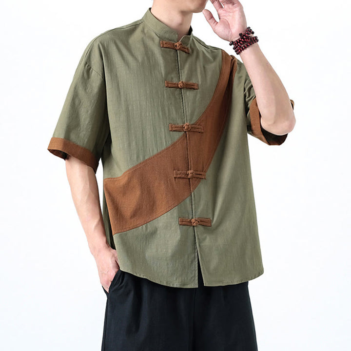 Buddha Stones Spring Color Contrast Chinese Frog-Button Design Men's Half Sleeve Cotton Linen Shirt - image 18