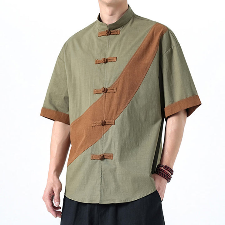 Buddha Stones Spring Color Contrast Chinese Frog-Button Design Men's Half Sleeve Cotton Linen Shirt - image 12