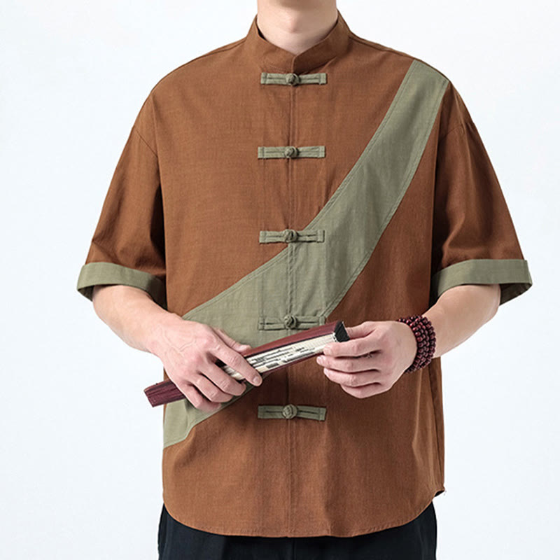 Buddha Stones Spring Color Contrast Chinese Frog-Button Design Men's Half Sleeve Cotton Linen Shirt - image 26