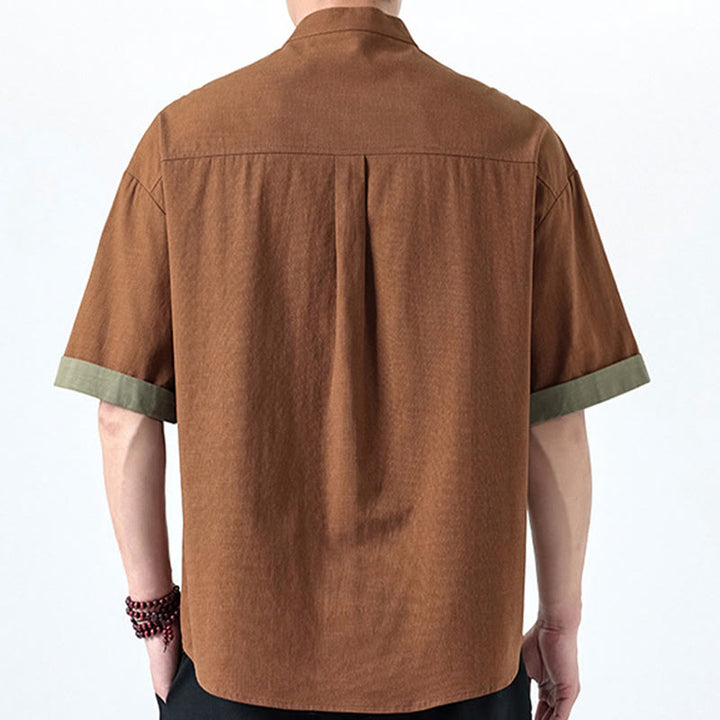 Buddha Stones Spring Color Contrast Chinese Frog-Button Design Men's Half Sleeve Cotton Linen Shirt - image 25