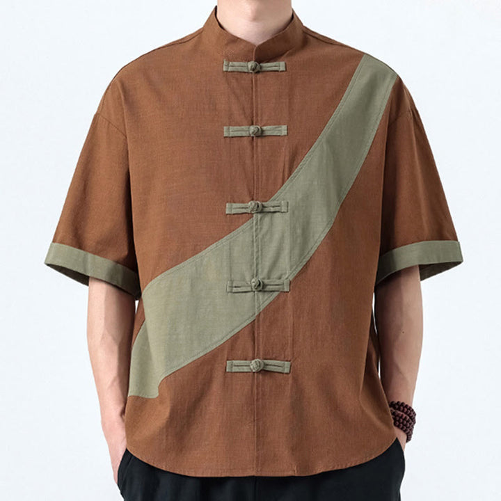 Buddha Stones Spring Color Contrast Chinese Frog-Button Design Men's Half Sleeve Cotton Linen Shirt - image 24