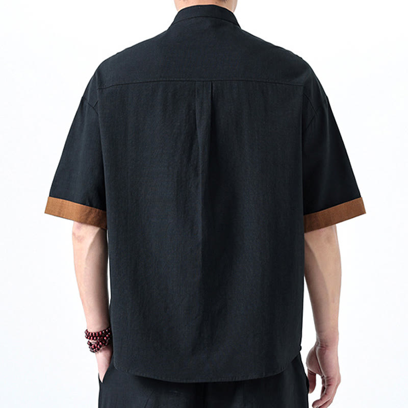 Buddha Stones Spring Color Contrast Chinese Frog-Button Design Men's Half Sleeve Cotton Linen Shirt - image 36