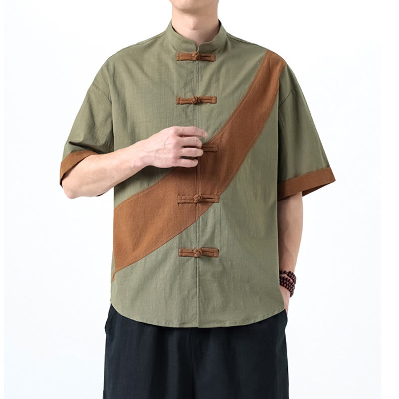 Buddha Stones Spring Color Contrast Chinese Frog-Button Design Men's Half Sleeve Cotton Linen Shirt - image 15