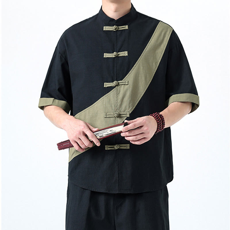 Buddha Stones Spring Color Contrast Chinese Frog-Button Design Men's Half Sleeve Cotton Linen Shirt - image 6