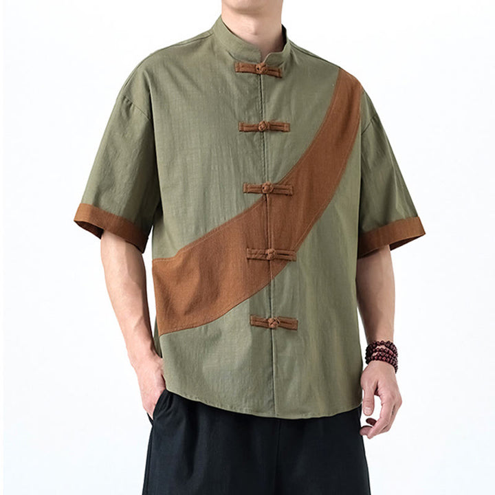 Buddha Stones Spring Color Contrast Chinese Frog-Button Design Men's Half Sleeve Cotton Linen Shirt - image 14