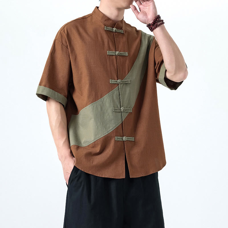 Buddha Stones Spring Color Contrast Chinese Frog-Button Design Men's Half Sleeve Cotton Linen Shirt - image 27