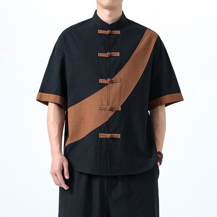 Buddha Stones Spring Color Contrast Chinese Frog-Button Design Men's Half Sleeve Cotton Linen Shirt - Black With Peru - US/UK/AU46，EU56 (5XL) - image 29