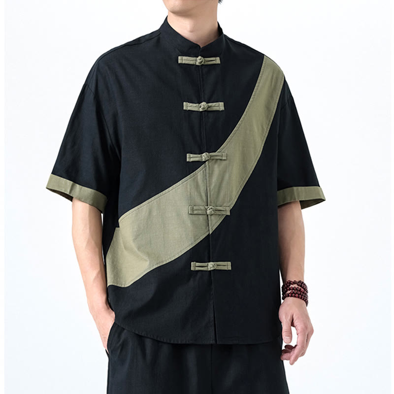 Buddha Stones Spring Color Contrast Chinese Frog-Button Design Men's Half Sleeve Cotton Linen Shirt - image 5