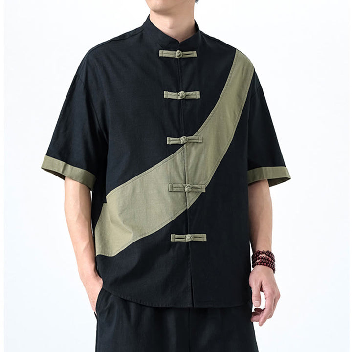 Buddha Stones Spring Color Contrast Chinese Frog-Button Design Men's Half Sleeve Cotton Linen Shirt - image 5