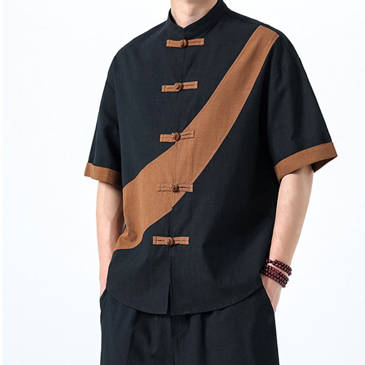 Buddha Stones Spring Color Contrast Chinese Frog-Button Design Men's Half Sleeve Cotton Linen Shirt - image 33