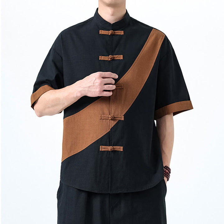 Buddha Stones Spring Color Contrast Chinese Frog-Button Design Men's Half Sleeve Cotton Linen Shirt - image 33