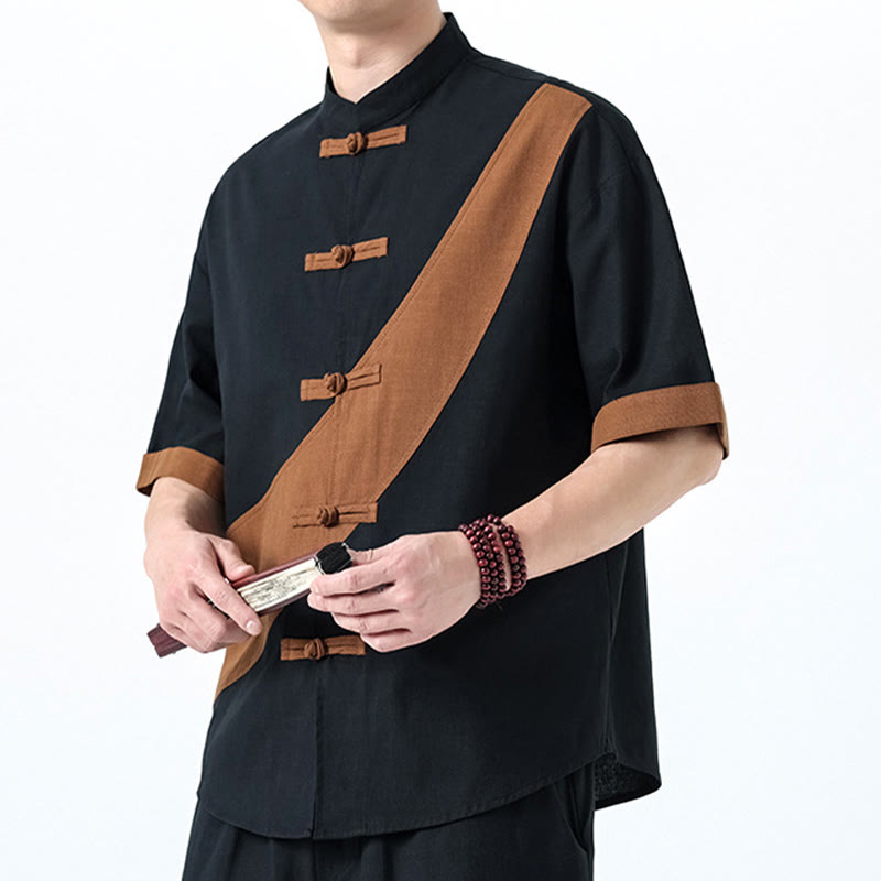 Buddha Stones Spring Color Contrast Chinese Frog-Button Design Men's Half Sleeve Cotton Linen Shirt - image 30