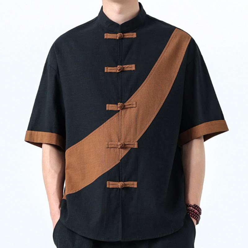 Buddha Stones Spring Color Contrast Chinese Frog-Button Design Men's Half Sleeve Cotton Linen Shirt - image 35