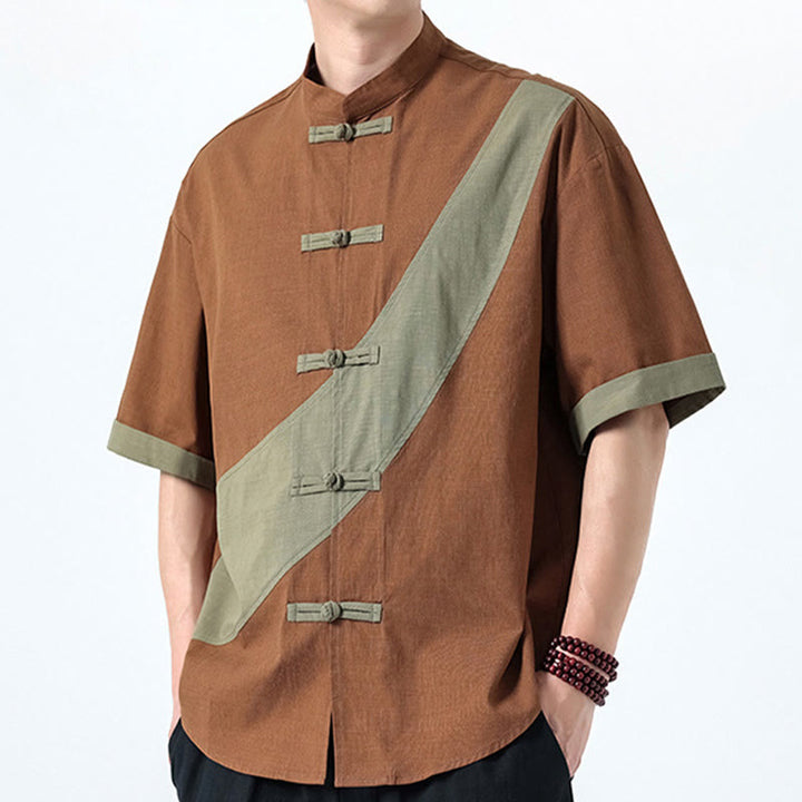 Buddha Stones Spring Color Contrast Chinese Frog-Button Design Men's Half Sleeve Cotton Linen Shirt - image 22