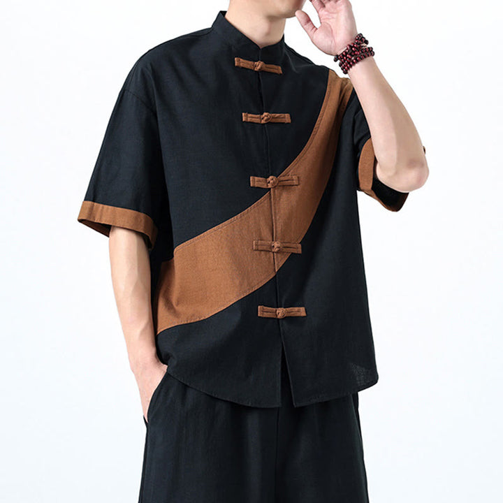 Buddha Stones Spring Color Contrast Chinese Frog-Button Design Men's Half Sleeve Cotton Linen Shirt - image 31