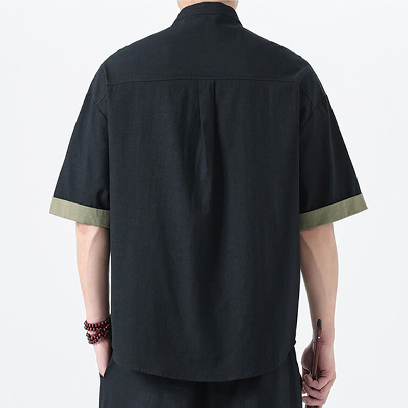 Buddha Stones Casual Color Matching Chinese Frog-Button Design Tang Suit Men's Half Sleeve Cotton Linen Shirt - image 24