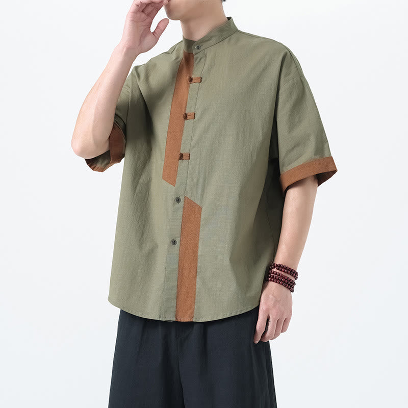 Buddha Stones Casual Color Matching Chinese Frog-Button Design Tang Suit Men's Half Sleeve Cotton Linen Shirt - image 12