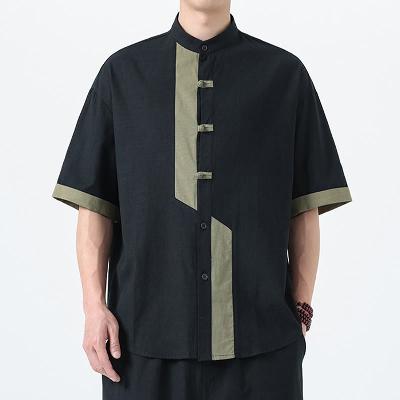Buddha Stones Casual Color Matching Chinese Frog-Button Design Tang Suit Men's Half Sleeve Cotton Linen Shirt - image 23