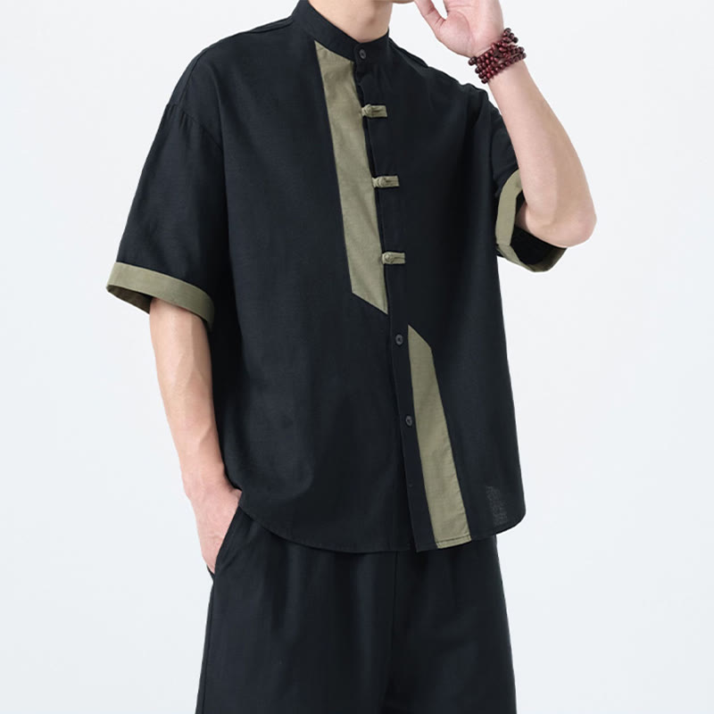 Buddha Stones Casual Color Matching Chinese Frog-Button Design Tang Suit Men's Half Sleeve Cotton Linen Shirt - image 26