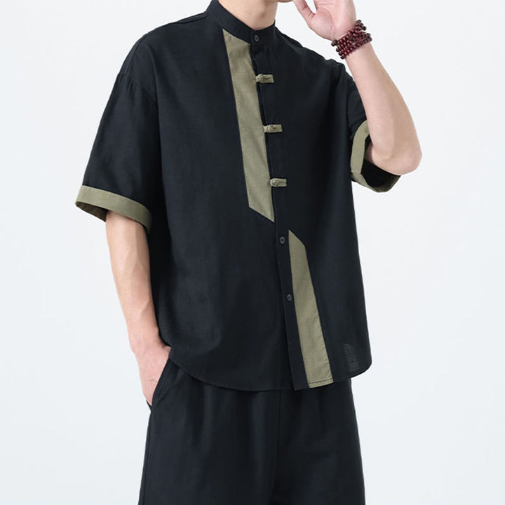 Buddha Stones Casual Color Matching Chinese Frog-Button Design Tang Suit Men's Half Sleeve Cotton Linen Shirt - image 26