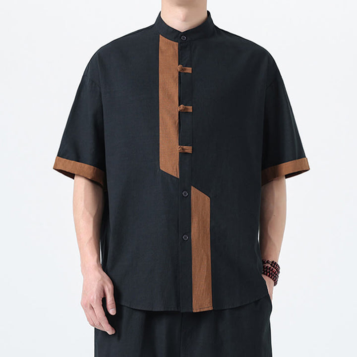 Buddha Stones Casual Color Matching Chinese Frog-Button Design Tang Suit Men's Half Sleeve Cotton Linen Shirt - image 2