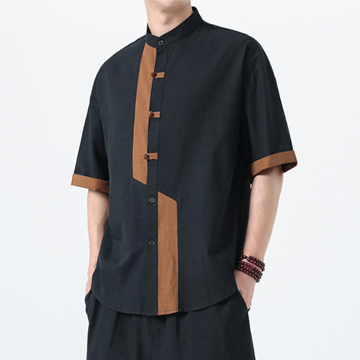 Buddha Stones Casual Color Matching Chinese Frog-Button Design Tang Suit Men's Half Sleeve Cotton Linen Shirt - image 6
