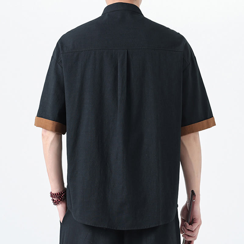 Buddha Stones Casual Color Matching Chinese Frog-Button Design Tang Suit Men's Half Sleeve Cotton Linen Shirt - image 2