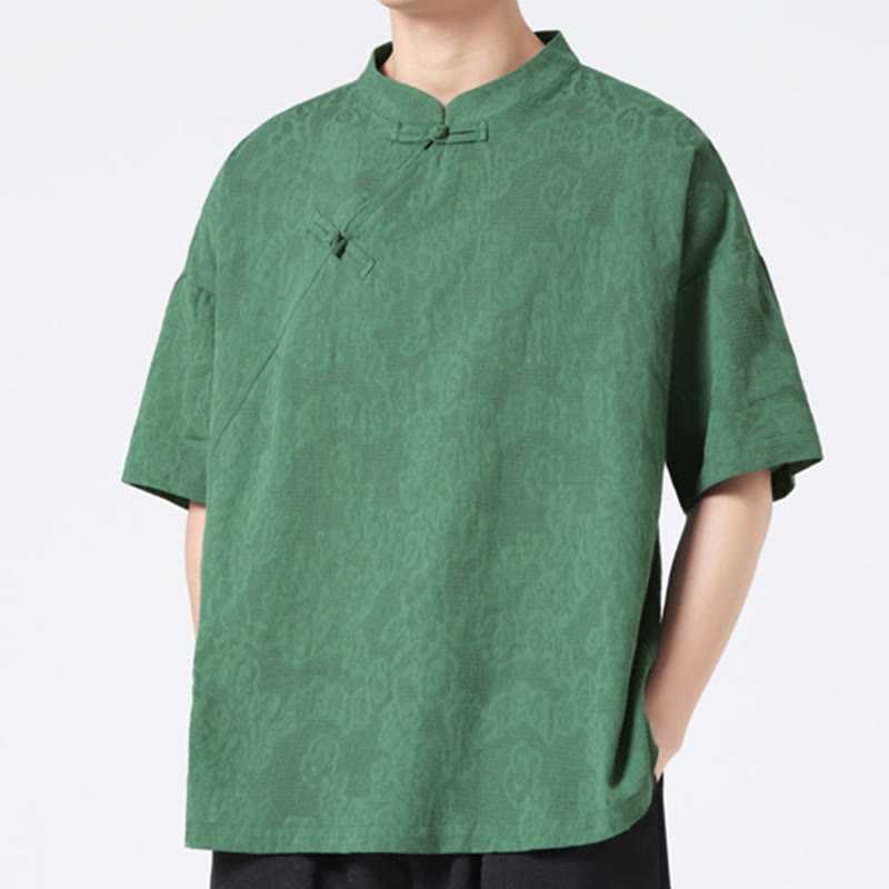 Buddha Stones Retro Pure Color Frog-Button Design Jacquard Flower Pattern Men's Short Sleeve Cotton Linen Shirt - image 3