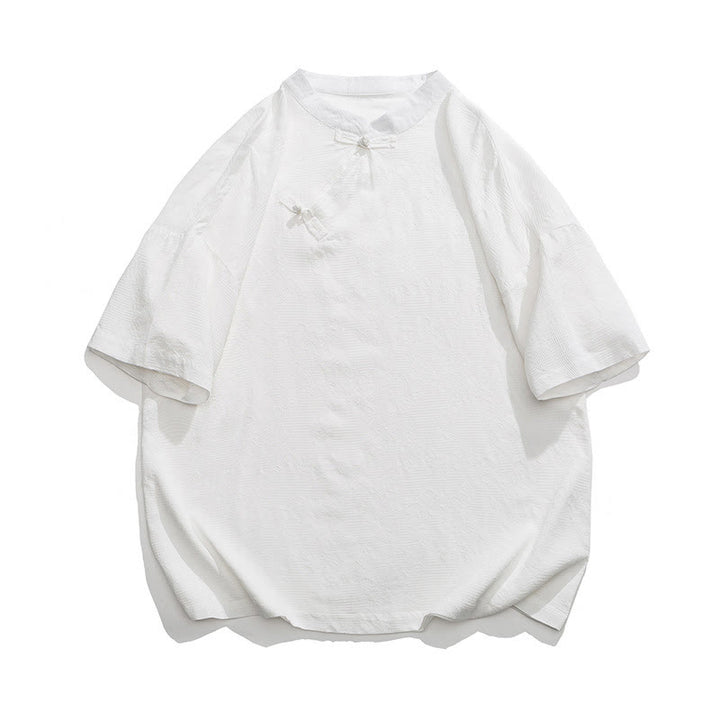 Buddha Stones Retro Pure Color Frog-Button Design Jacquard Flower Pattern Men's Short Sleeve Cotton Linen Shirt - White - US/UK/AU46，EU56 (5XL) - image 14