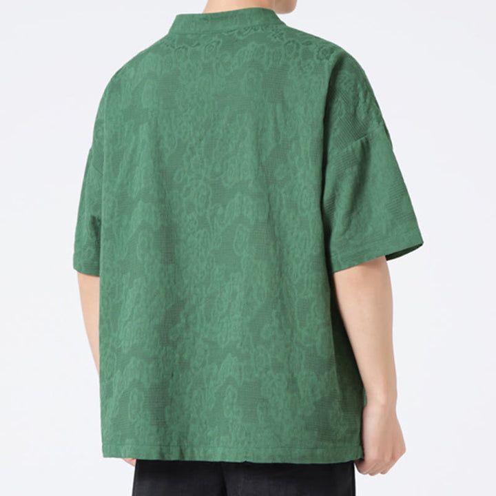 Buddha Stones Retro Pure Color Frog-Button Design Jacquard Flower Pattern Men's Short Sleeve Cotton Linen Shirt - image 4