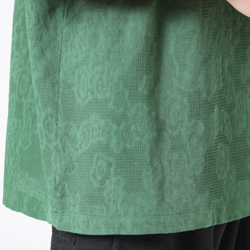 Buddha Stones Retro Pure Color Frog-Button Design Jacquard Flower Pattern Men's Short Sleeve Cotton Linen Shirt - image 10