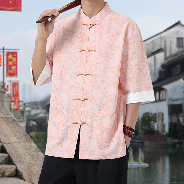 Buddha Stones Retro Printing Flower Pattern Frog-Button Design Stand Collar Men's Half Sleeve Cotton Shirt With Pockets - image 12