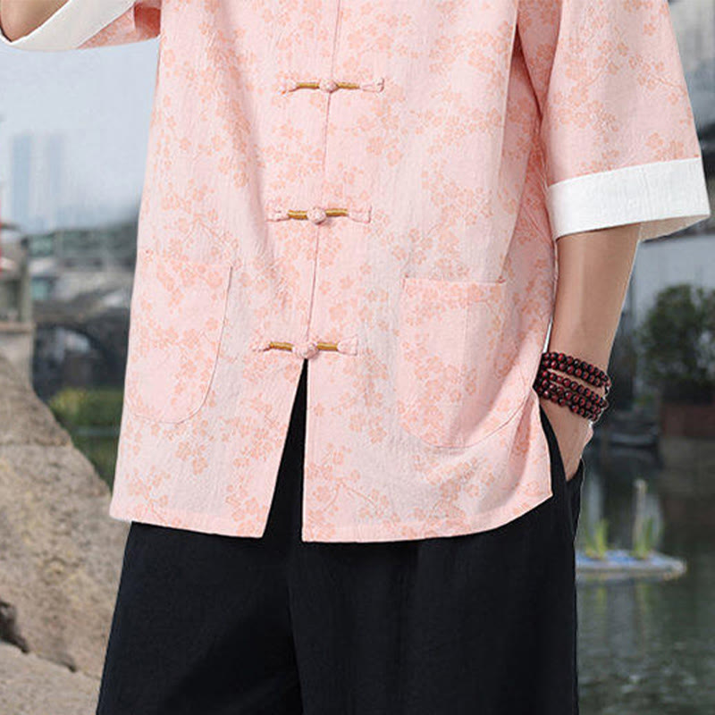 Buddha Stones Retro Printing Flower Pattern Frog-Button Design Stand Collar Men's Half Sleeve Cotton Shirt With Pockets - image 13