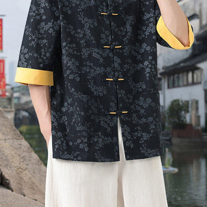 Buddha Stones Retro Printing Flower Pattern Frog-Button Design Stand Collar Men's Half Sleeve Cotton Shirt With Pockets - image 3