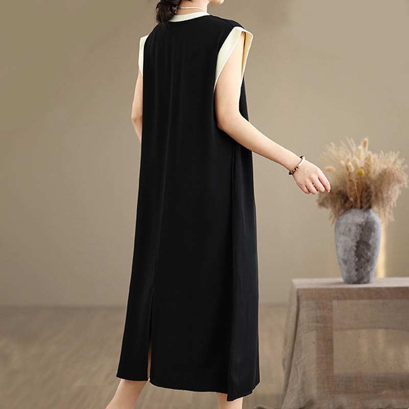 Buddha Stones Pure Color Slit Design Sleeveless Cotton Midi Dress With Pockets - image 2