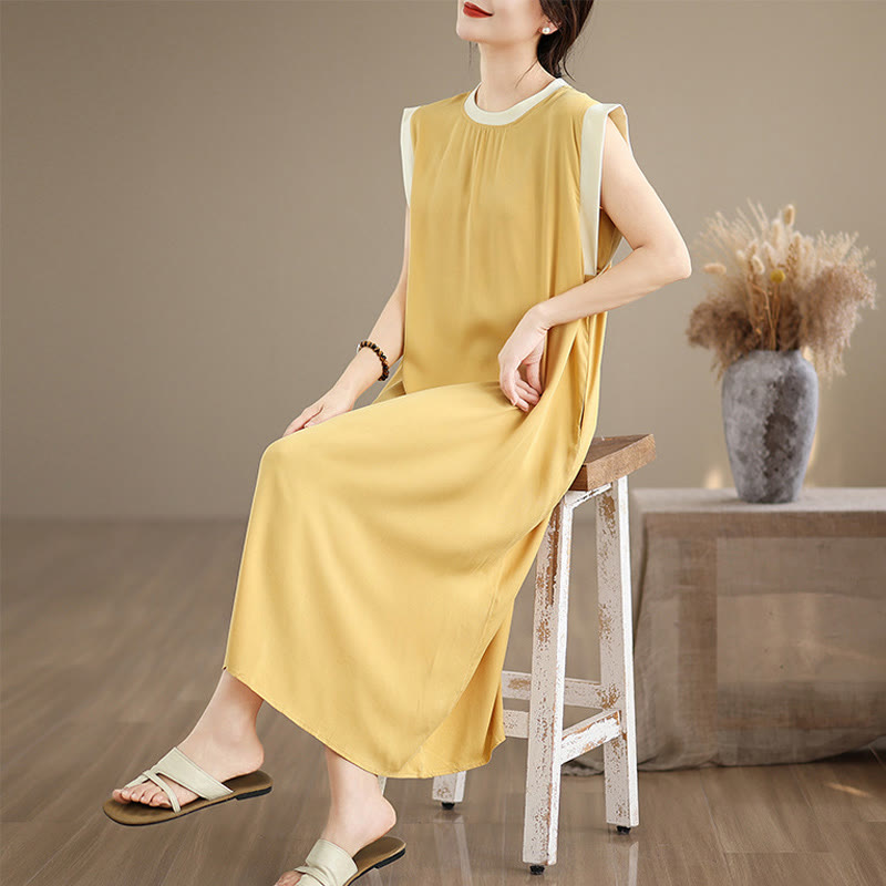 Buddha Stones Pure Color Slit Design Sleeveless Cotton Midi Dress With Pockets - Gold - US12，UK/AU16，EU44 (2XL) - image 27