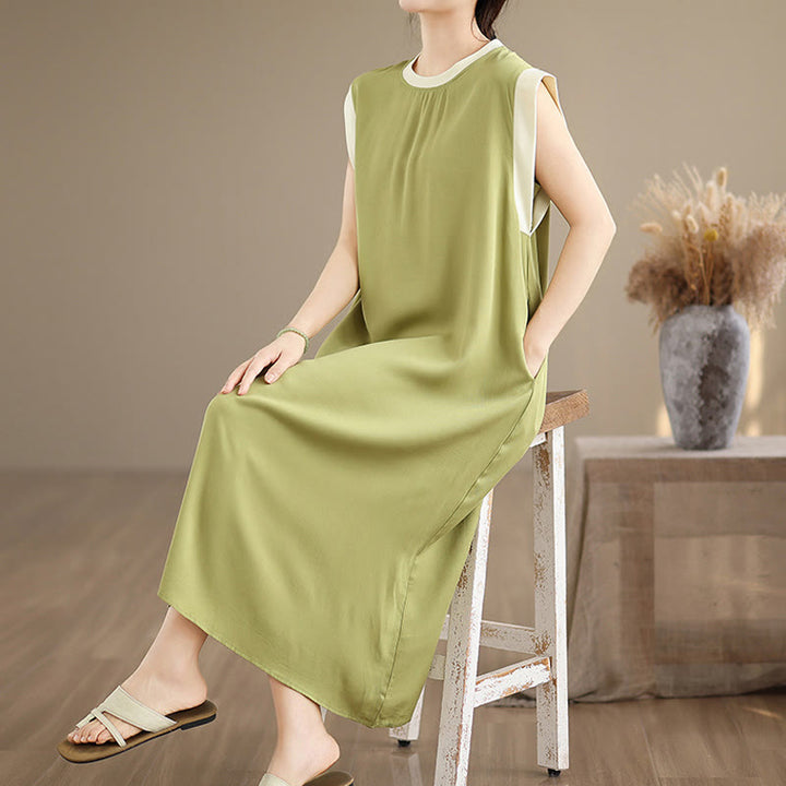 Buddha Stones Pure Color Slit Design Sleeveless Cotton Midi Dress With Pockets - image 14
