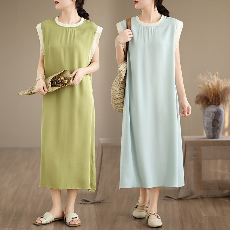 Buddha Stones Pure Color Slit Design Sleeveless Cotton Midi Dress With Pockets - image 38