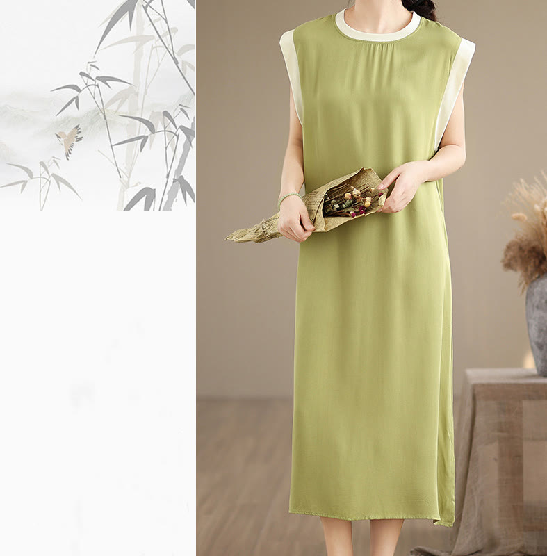 Buddha Stones Pure Color Slit Design Sleeveless Cotton Midi Dress With Pockets - image 16