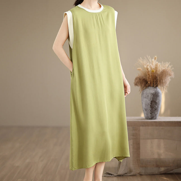 Buddha Stones Pure Color Slit Design Sleeveless Cotton Midi Dress With Pockets - image 9