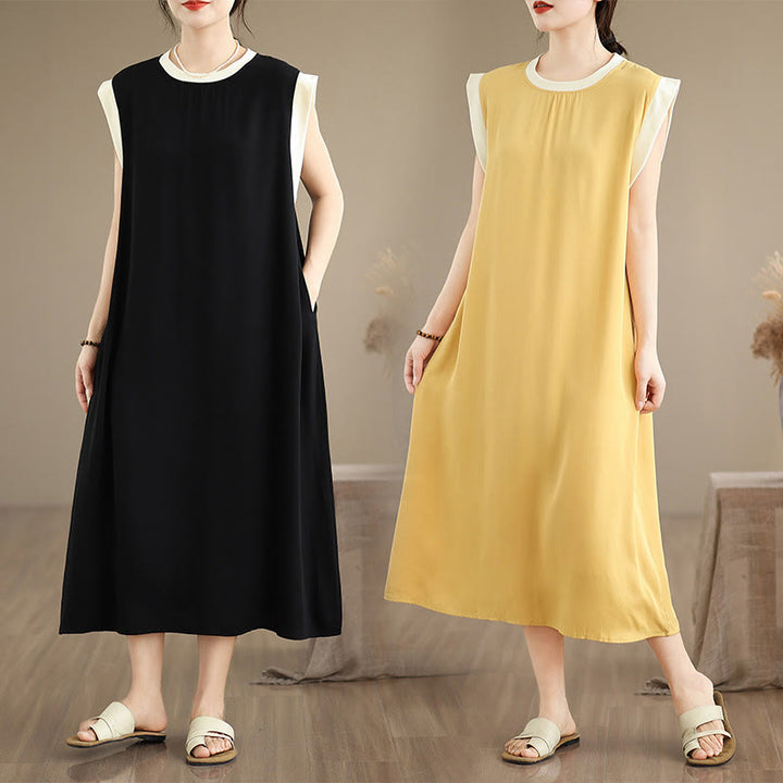 Buddha Stones Pure Color Slit Design Sleeveless Cotton Midi Dress With Pockets - image 38