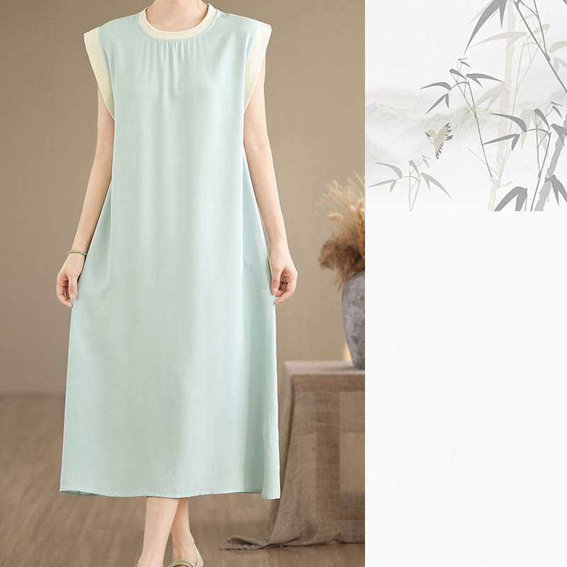 Buddha Stones Pure Color Slit Design Sleeveless Cotton Midi Dress With Pockets - image 25