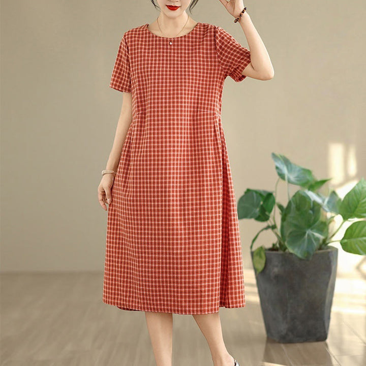 Buddha Stones Commute Plaid Pattern Simple Design Cotton Linen Short Sleeve Midi Dress With Pockets - image 3