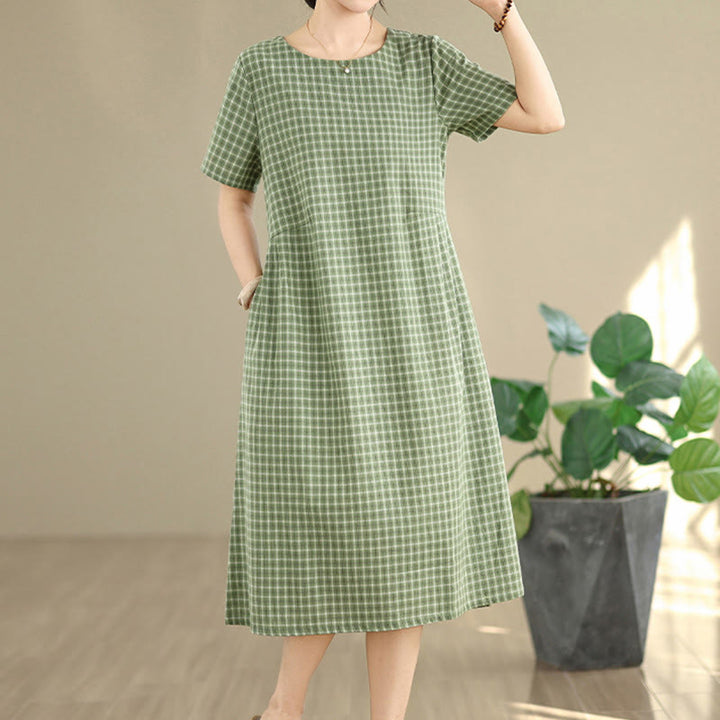 Buddha Stones Commute Plaid Pattern Simple Design Cotton Linen Short Sleeve Midi Dress With Pockets - image 18