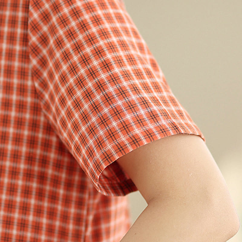 Buddha Stones Commute Plaid Pattern Simple Design Cotton Linen Short Sleeve Midi Dress With Pockets - image 8