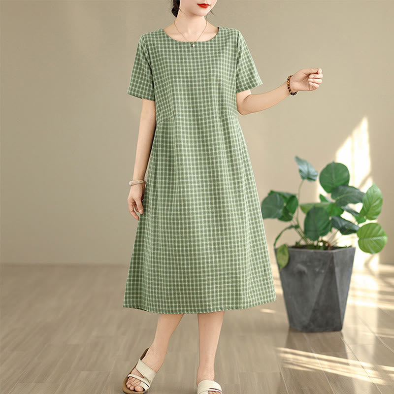 Buddha Stones Commute Plaid Pattern Simple Design Cotton Linen Short Sleeve Midi Dress With Pockets - ForestGreen - US8-10，UK/AU12-14，EU40-42 (2XL) - image 13