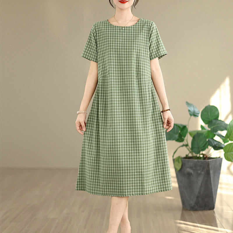Buddha Stones Commute Plaid Pattern Simple Design Cotton Linen Short Sleeve Midi Dress With Pockets - image 17