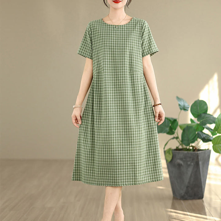 Buddha Stones Commute Plaid Pattern Simple Design Cotton Linen Short Sleeve Midi Dress With Pockets - image 17